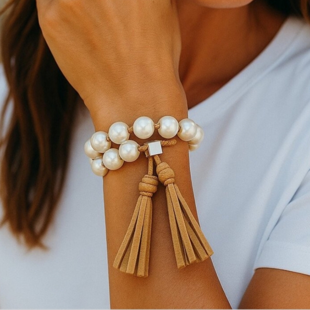 Chicos Faux Pearl Double Strand Leather Fringed Bracelet Boho adjustable  Tassel